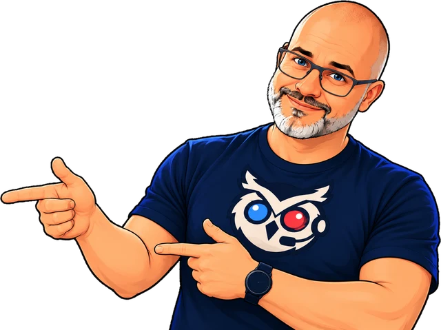 Illustrated portrait of Julian Kleinhans in a Jarvis shirt, pointing with both hands